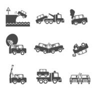 Black and white car crash icons