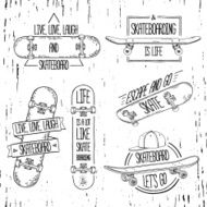 Set of linear modern logos stickers with skateboard and cap