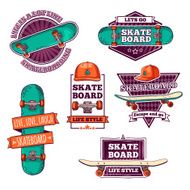 Set of vintage color logos stickers with skateboard and cap