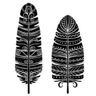 Hand drawn bird black silhouettes tribal feathers N2