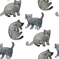 Vector Watercolor Cute Gray Cats Seamless Pattern N2