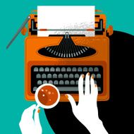 Woman typing on a vintage typewriter and holding cup N2