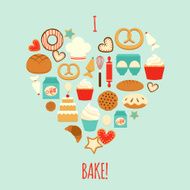 Silhouette heart with bakery icons