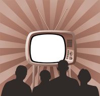 vector family watching retro tv set