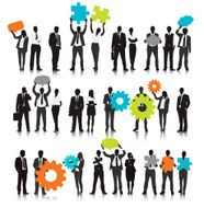 Vector of Business People Holding Gear and Speech Bubble