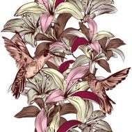 Seamless wallpaper pattern with lily flowers and hummingbirds