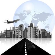 City skyline with road airplane and earth background
