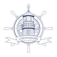 Nautical logo with a lighthouse and steering wheel