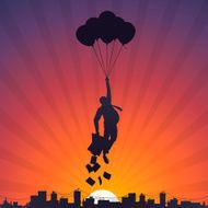 Business man flying on balloons to the sky