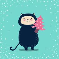 Funny cat holding Christmas tree