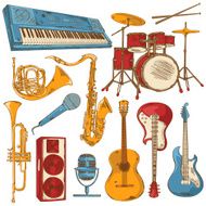 Set of isolated colorful musical instruments