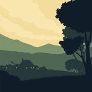 Silhouette landscape with a farm on background of mountains