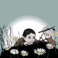 Little Girl Playing with Sticks in Field of Daisy Flowers