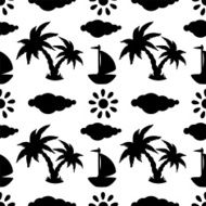 Seamless pattern with coconut palm trees clouds yacht sun N4