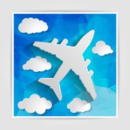airplane with paper clouds on blue geometric background