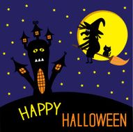 Haunted house and flying witch with cat Happy Halloween card N2