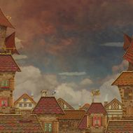 Fragment of a city Tile Roofs with red sky