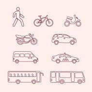 Transportation icons of pedestrian bike scooter taxi bus