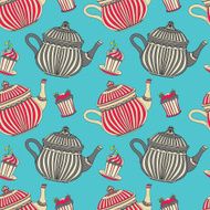 Vintage seamless pattern with teapots and cakes N2