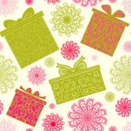 Seamless pattern with snowflakes and gifts