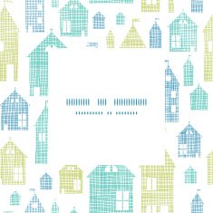Houses blue green textile texture frame center pattern background
