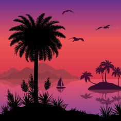 Tropical Sea Landscape with Palms and Ship N4