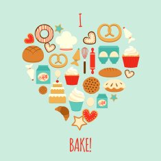Silhouette heart with bakery icons