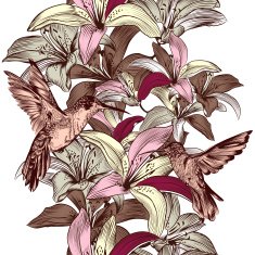 Seamless wallpaper pattern with lily flowers and hummingbirds