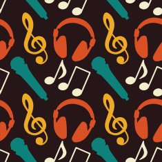 Seamless pattern with music notes treble clef microphone headphones N3