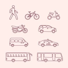 Transportation icons of pedestrian bike scooter taxi bus
