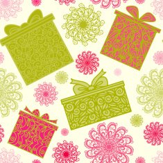 Seamless pattern with snowflakes and gifts