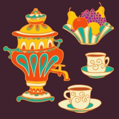 Set russian samovar bowl of fruit and tea cups