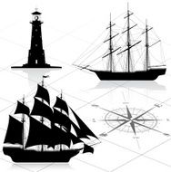 Set of nautical design elements (ships lighthouse compass rose)