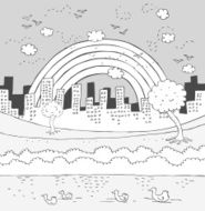 City Skyline and Park with Ducks Swimming in Pond rainbow N2