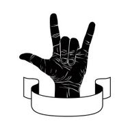 Rock on hand creative sign with ribbon music emblem