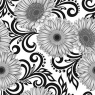seamless pattern with gerbera flowers and abstract floral swirls N2