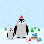 Funny penguins in the red hat christmas winter card vector