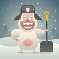 Yeti character holding shovel in winter forest