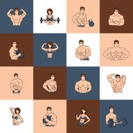 Bodybuilding fitness gym icons flat line