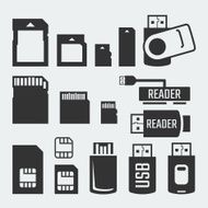 Memory cards sticks readers and SIM cards vector silhouettes