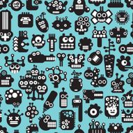 Cartoon robots faces seamless pattern on blue