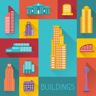 Cityscape illustration with buildings in flat design style