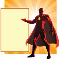 Superhero Gesturing With His Hand at Display Board