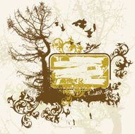 Silhouette of tree on a grunge background and flowers ornament N2