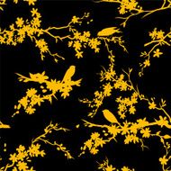 Sakura Cherry Blossoms And Birds Seamless Pattern Black Yellow N2