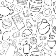 Tea and sweets black white seamless pattern