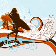Let&#039;s go surfing - girl with surfboard and beach elements