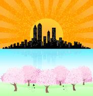summer spring city Skyline and Park with shining sun pond N2