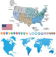 north america and world ouline map with GPS icons