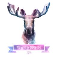 Vector set of watercolor illustrations Cute elk